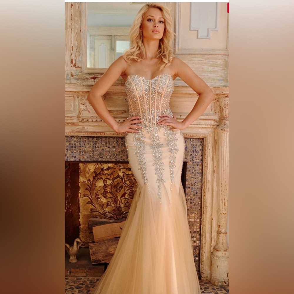 Jovani Nude embellished corset bodice tulle and rhinestone gown